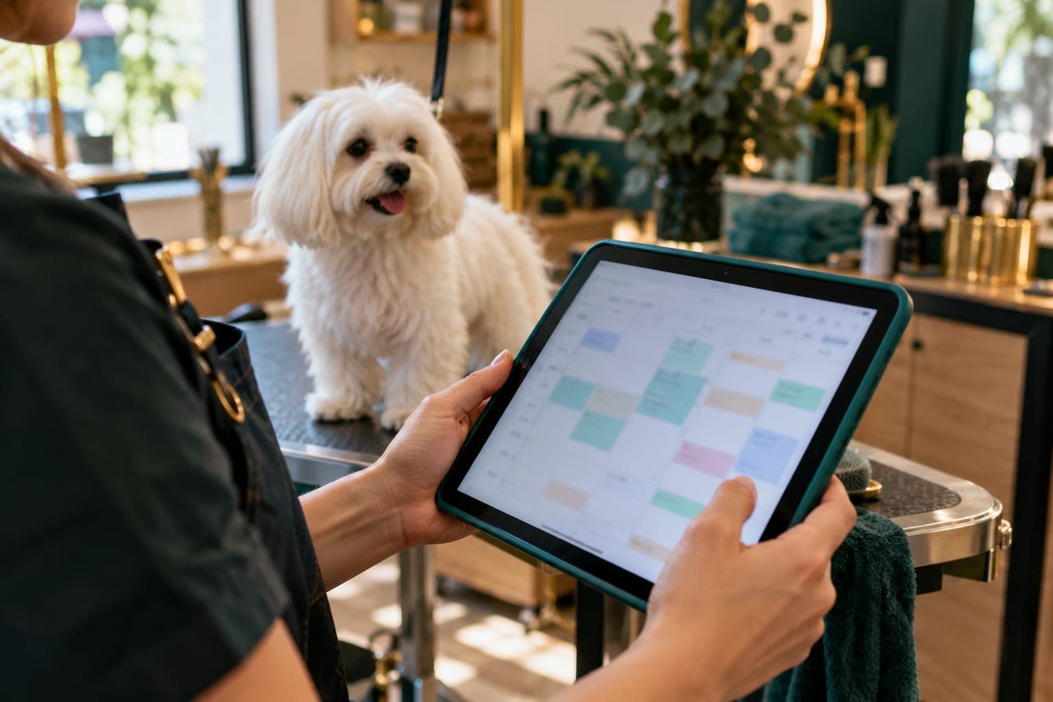 Terminkalender auf einem Tablet, im Hintergrund ein Hund auf dem Pflegetisch